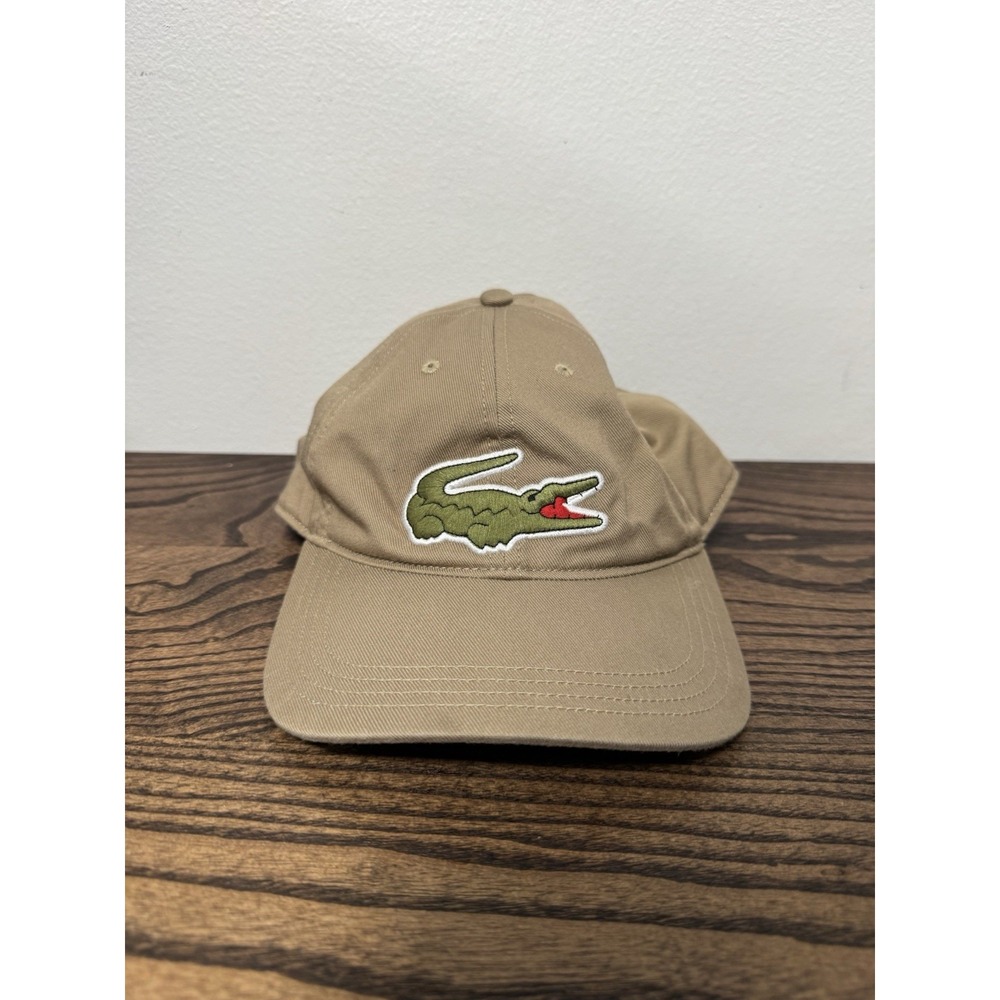 Lacoste Big Croc Logo Baseball Cap Hat Beige Tan Cotton Twill Strapback OS